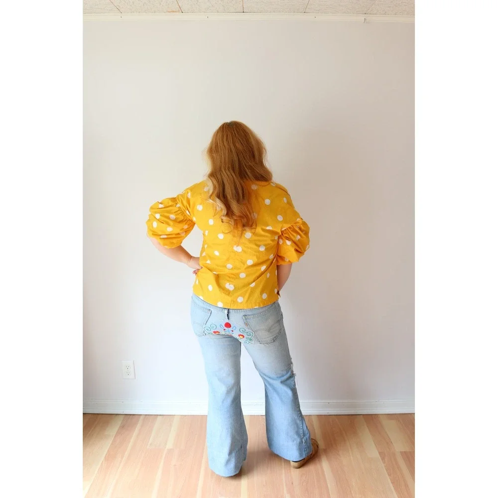 LOFT Polka Dot Blouse Yellow Puff Sleeve Retro Cotton Top Dopamine Mod Sunny M